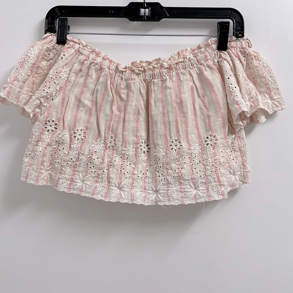 LoveShackFancy - Pink / White Off the shoulder Crop Top - S.